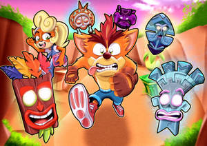 Crash Bandicoot 和朋友們在一個有發光面具的叢林峽谷中。