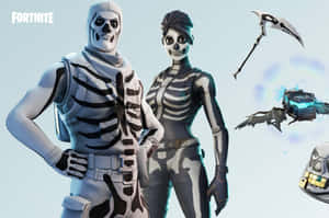 兩個帶著發光武器和裝備的Fortnite骷髏角色。