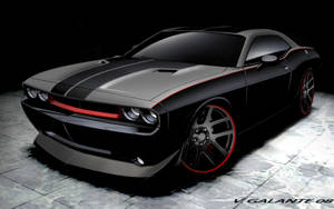 黑色肌肉車，帶有紅色飾邊和賽車條紋，在工作室燈光下。 — Dodge challenger GIF 壁紙