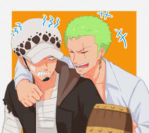 兩個動漫男人，一個笑著擁抱另一個看起來很煩躁的男人。