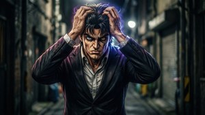 一個穿著西裝的動畫男人在夜晚黑暗的小巷中沮喪地抱著頭。
