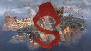 紅色兜帽人物俯瞰海洋中的浮島堡壘