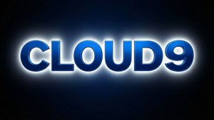 發光的藍色 'CLOUD9' 文字，帶有白色光暈，在深色背景上