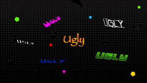 霓虹發光的「ugly」一詞以各種字體散落在黑色點狀背景上，伴隨彩色形狀。
