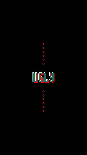 像素化單詞 ugly 以紅色和藍綠色顯示在帶有虛線的黑色背景上。