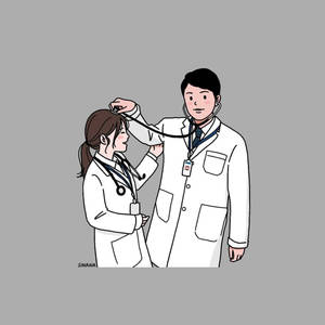 兩位微笑的醫生在醫學插圖中共享聽診器。