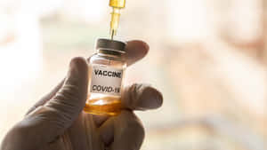 戴手套的手拿著 covid-19 疫苗小瓶，注射器抽取液體。