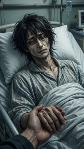 一個病人在醫院床上握著一隻安慰的手，周圍是醫療設備。