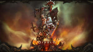 一個手持狼牙棒和劍的惡魔戰士站在火焰中，帶有 Diablo 標誌。