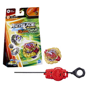 白色背景上的Beyblade Burst Quad Drive玩具套裝，包含陀螺和發射器。