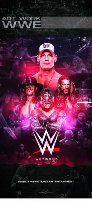WWE摔角手在發光的紫色和粉紅色宣傳拼貼中。