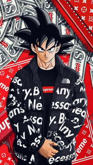 悟空身穿Supreme外套，被金錢和奢侈品牌標誌包圍。