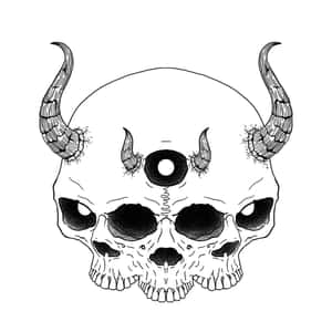 帶有角和第三隻眼的惡魔頭骨黑白線條藝術。 — 惡魔 壁紙