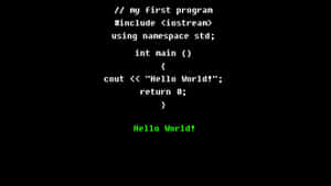 一個電腦終端顯示帶有綠色輸出的C++ Hello World程式。