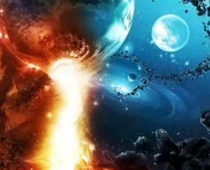 一顆熾熱行星在太空中爆炸，附近有小行星和發光的衛星。