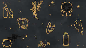 金色巫術符號在黑暗背景上，帶有星星和月亮