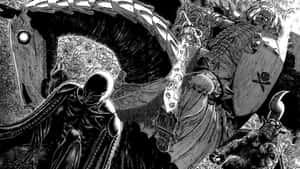 怪物和戰士在黑暗奇幻戰鬥場景中與一隻巨大的骷髏龍交戰。