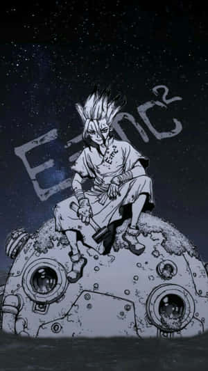 動漫角色坐在破損的太空船上，背景是星空。