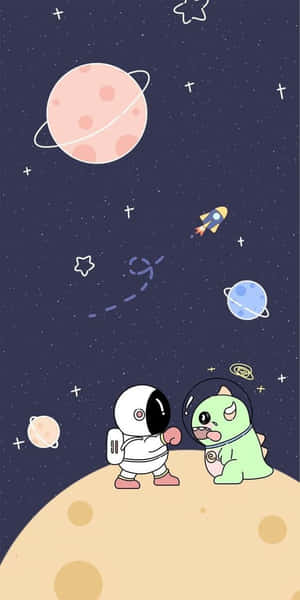 兩個卡通太空人在月球上看著行星和火箭船。