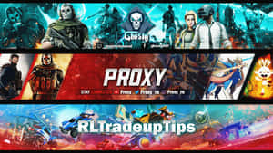 遊戲橫額，包含角色和車輛，顯示「PROXY」和「RLTradeupTips」文字。 — 遊戲 壁紙