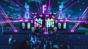 Fortnite音樂會，舞台閃爍，角色在紫色激光下跳舞。