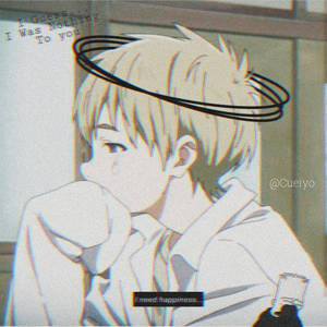 動漫男孩帶有光環和淚水，穿著白色連帽衫，文字疊加顯示情感詞語。