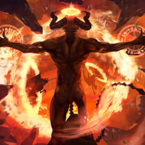 一個有角和符文的惡魔形象被火焰包圍。 — 惡魔 壁紙