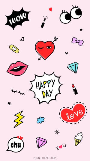 粉紅色背景，帶有卡通心形、嘴唇和流行文化圖標（如「WOW」和「HAPPY DAY」），採用漫畫風格。