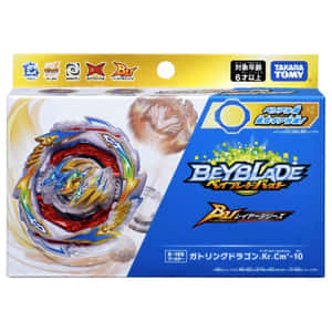 Beyblade Burst玩具包裝，帶有龍主題的旋轉陀螺和動態效果。