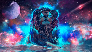 一頭擁有星點皮毛的獅子，坐在色彩繽紛的宇宙景觀中，有星系和星星。