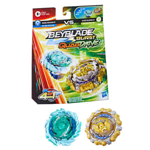 兩個Beyblade陀螺及其顯示戰鬥設計的零售包裝。