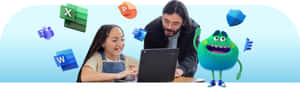 兒童和成人使用筆記本電腦，帶有漂浮的Microsoft Office應用程式和卡通怪物。
