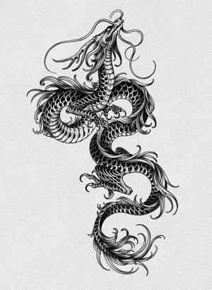 一幅黑白墨水畫，描繪了一條盤繞的龍，帶有飄逸的鬃毛和鱗片。 — 日本龍動畫 壁紙