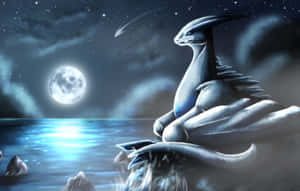 在星空下，一頭銀龍坐在月光照耀的水邊。