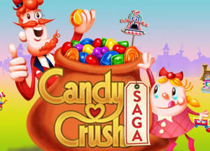 Candy Crush Saga 遊戲標誌，帶有卡通人物和糖果罐。