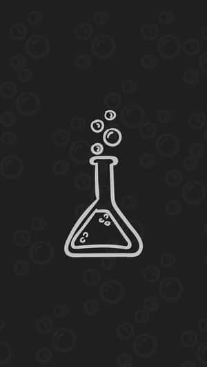 深色背景上帶有氣泡的化學燒瓶白色線條畫。
