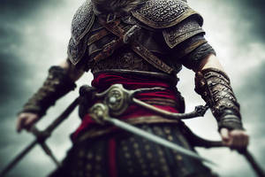 身穿精細盔甲的戰士在陰天手持兩把劍。 — 北歐 壁紙