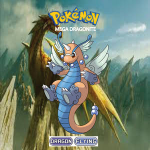 Mega Dragonite，一隻擁有翅膀和藍色球體的強大寶可夢，在雲層密佈的天空中飛行。