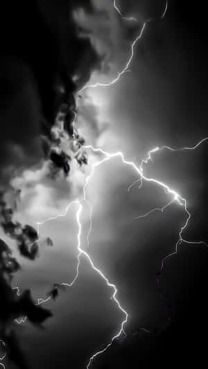 強烈的閃電劃過佈滿烏雲的暴風雨天空。