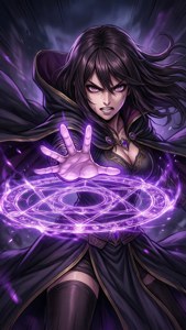 一位黑髮女巫穿著紫色斗篷，從她手中施放發光的紫色咒語。