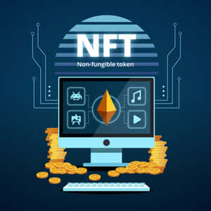 電腦屏幕顯示NFT圖標，周圍堆滿金幣。