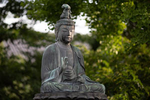 寧靜的青銅佛像在綠樹間靜坐冥想。