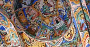 天花壁畫以鮮豔色彩描繪聖人、天使和聖經場景。 — 建築 壁紙
