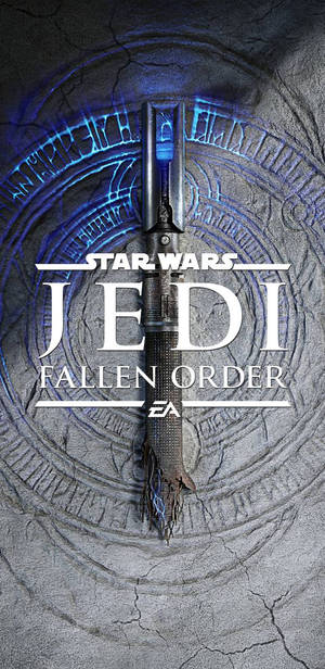 一把藍色光劍嵌入裂開的石頭中，帶有Star Wars Jedi Fallen Order文字。