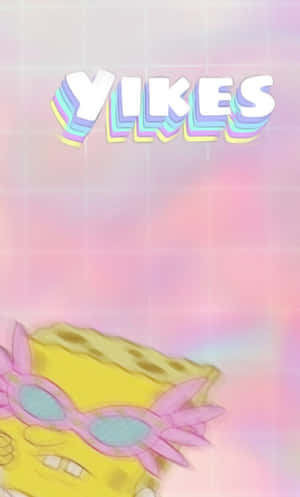 海綿寶寶戴粉紅色太陽眼鏡，粉彩網格背景上有「YIKES」文字
