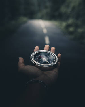 在森林道路上手持指南針，黃昏