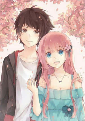 動漫男孩和女孩在櫻花樹下，粉紅色的花瓣飄落。