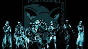 六名身穿青綠色裝備的動漫士兵站在 Fox Hound 特種部隊海報前。