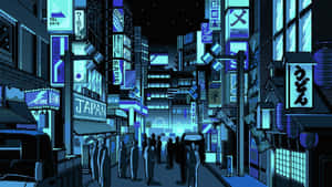 霓虹燈照亮嘅東京夜晚街道，有發光招牌同行人剪影。