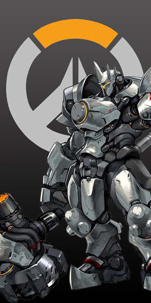 帶有橙色點綴的銀色裝甲機甲站在Overwatch標誌前。
